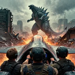 pilot driving fighter jet attack godzilla on the wreckage city in the rain,First Person Point of View,by Les Edwards，Larry Elmore,angus mckie,James Paick,Ted Nasmith, trending on artstation,Blade Runner 2049,ultra realistic,high detail,golden ratio,cinematic lighting,maximalist