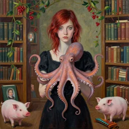 tall emo female artist holding an octopus, in a library, books, small portraits, berries, vines, pigs, xylophone, acrylic on canvas, surrealist, by magritte and monet