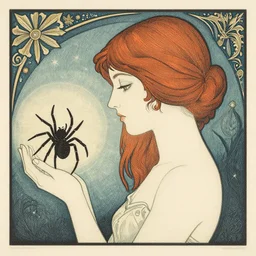 a girl with a spider, colored woodcut, print, by Mackintosh, art noveau, by Ernst Haeckel, by Tsutomu Nihei