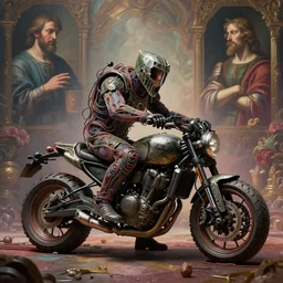 doom motorbiker, covered with wires, by beksinski, psychedelic trippy visionary art, soft bloom lucid dream - like atmosphere, baroque painting, perfect composition, detailed octane render trending on artstation, 8 k artistic photography, volumetric cinematic perfect light, chiaroscuro, masterpiece, raphael, caravaggio, beksinski, rutkowski, beeple