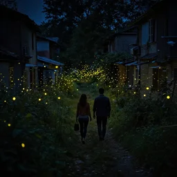 a couple walking in the middle of fireflies in a poor neighbourhood, cinematic lighting, wow, establishing shot
