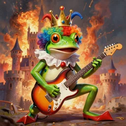 clown frog king guitar solo artwork, frog clown wearing clown makeup, wearing the clown crown, wearing a rainbow wig, clown world king shredding on an electric guitar in front of an exploding castle, painting by frank frazetta and wayne barlowe, 3 d rendering by beeple, directed by denis villeneuve, clean