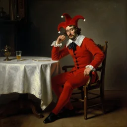 1862, a plotting man in a red jester suit sitting in a wooden chair near a table covered with cloth. the room is dimly lit. art style of Jan Matejko, ominous, realistic, highly detailed