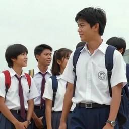Still from a movie by Nobuhiko Obayashi about Filipino college students, vibrant colors, playful, 35mm film