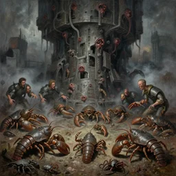 fine art oil painting varied filthy rugated armored crustaceans clawing & terrified as massive brutalist structure, claustrophobic cilia sporing pox, evil fog, final battle, clustered horror, by virgil finlay, vincente b ballestar, by francesco blanc, geof darrow, bisley, b wolverton & by jack gaughan high resolution,