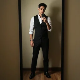 a man with black vest and white shirt selfie in mirror full body