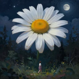 giant daisy flower over head, girl walking in forest, surreal photography, dark night, stars, moon light, impressionist painting, clouds, digital painting, artstation, simon stalenhag