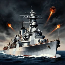 propaganda poster featuring battleships sailing in dark going boom boom, vietnam war