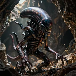 vfx movie scene closeup monstrous alien creature in underground rocky cave. by emmanuel lubezki
