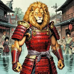 aesthetic portrait commission of a of a male fully furry muscular anthro albino lion wearing wet heavy red and gold royal samurai full armor in a flooded vintage japanese town. character design by charlie bowater, ross tran, artgerm, and makoto shinkai, detailed, inked, western comic book art, award winning film poster painting