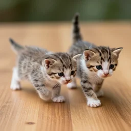 macro photograph of tiny kittens walking on a wood table