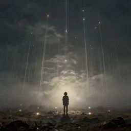 small male with long curly hair figure in epic foggy deep sea, expansive view, dozens of thin glowing straight lines extend from ground into the sky, by Caspar David friedrich