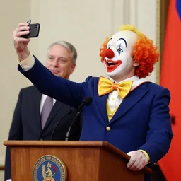 president clown taking a selfie in a podium next to first minister