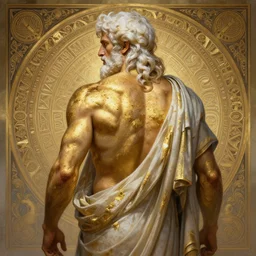 painted back portrait of rugged zeus greek god by greg rutkowski craig mullins artgerm alphonse mucha, messy splashed gold body paint, white hair handsome muscular upper body mature flowing robe [ ancient greek motifs ] background fantasy intricate elegant detailed digital painting concept art artstation sharp focus illustration