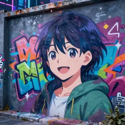 beautiful anime graffiti on a wall in a cyberpunk city, happy mood, futuristic, neon, high detail, golden light, realistic