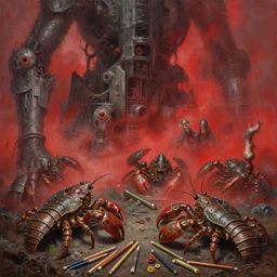 fine art oil painting pencils varied muck jeweled, filthy rugated armored crustaceans clawing & terrified as massive brutalist structures, claustrophobic cilia sporing pox, final battle failure, red mustard gas fog, by alex nino by francesco blanc, geof darrow, bisley, b wolverton & by jack gaughan high resolution, hyper detailed, cinematic