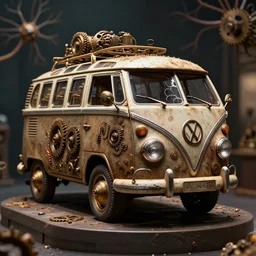 ultrarealistic steam punk neural vintage volkswagen bus placed on a pedestal, covered with neurons made of gears. dramatic lighting