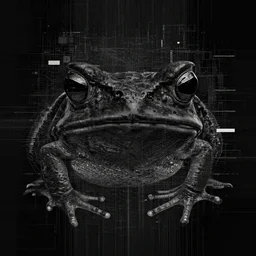 toad head, ryuta ueda artwork, breakcore, technical, abstract, interference, computers, vectors, gloom, dimensions, frequency, subtle glitches, frogs, amphibians, geometry, data, minimal, code, cybernetic, album cover, dark, eerie, cyber