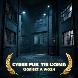 cyberpunk futuristic prison, prison complex, prison cell, dark, barred windows, moody atmosphere, police lights, ultra - realistic, night photography, artstation award