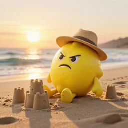 3 d render, of anthropomorphic lemon character with an angry look on his face, he is wearing a hat, relaxing on the beach at sunset, beach, waves, sun, rim light, cinematic photography, professional, sand, sandcastle, volumetric lightening