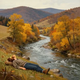 autumn river in the hills of transylvania, illustration, cinematic, relaxing, painting, classic, scenic, awe inspiring