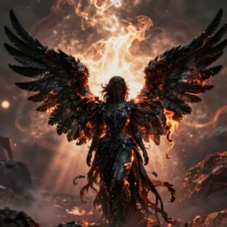 angel with black wings, magma, burning wings