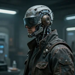 a masked rugged laboratory engineer man with cybernetic enhancements as seen from a distance, scifi character portrait by greg rutkowski, craig mullins, daytoner, 1 / 4 headshot, cinematic lighting, dystopian scifi gear, gloomy, profile picture, mechanical, cyborg, half robot, implants, dieselpunk