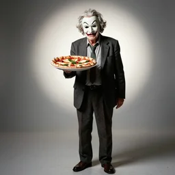 portrait photo of wrinkled! old man wearing pulcinella mask, with a pizza! margherita di napoli, menacing appearance, dramatic backlight, full body, sharp focus, highly detailed, studio photo by eric lafforgue, masterpiece, very coherent
