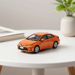 a small miniature of a orange Toyota Corolla KE20 on a white table near a book and a vase with a plant, hyperrealistic, concept art, octane render, unreal engine 5, path tracing, complementary colors, calm, relaxing, serene, product photo, centered, symmetrical
