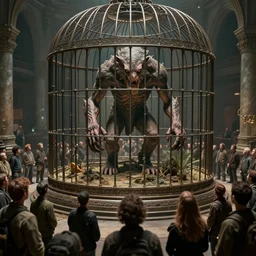 a huge cage with an ancient creature locked in it in the center of the hall, a lot of people ten times smaller are looking at him, close up peter mohrbacher, featured on artstation, octane render, cinematic, rugged, intricate, 8 k