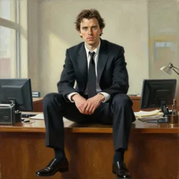 oil painting portrait of christian bale in an office sitting on top of an office table, acting in the role of patrick bateman in the movie american psycho, professional portrait, poster, scenic, beautiful, day time, office, sun light, natural light