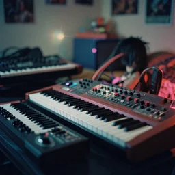 agfa vista 4 0 0 photograph of a cluttered 9 0 s hatsune mikul in goth punk rock bedroom, synth vibe, vaporwave colors, lens flare, moody lighting, moody vibe, telephoto, 9 0 s vibe, blurry background, grain, tranquil, calm, faded