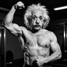 albert einstein as a bodybuilder, monochrome