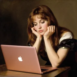a pre raphaelite painting of brigitte bardot, bored, looking at her rosegold macbook air by dante gabriel rossett