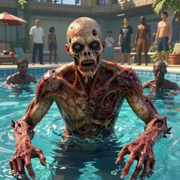 highly detailed portrait of a swimmer zombie gta v in a swimming pool, horrible rotting flesh, stephen bliss, unreal engine, fantasy art by greg rutkowski, loish, rhads, ferdinand knab, makoto shinkai and lois van baarle, ilya kuvshinov, rossdraws, tom bagshaw, global illumination, detailed and intricate environment