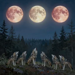 three blood moons in the sky above a pack of howling werewolves on a forest hill, painting