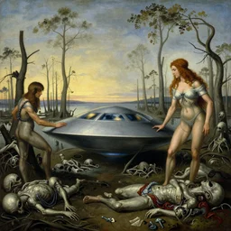 renaissance grotesque painting of ovni crash swamp wasteland, landfill, alien corpses on the floor, elegant artwork by lee bermejo and greg rutkowski and alphonse mucha