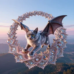 8 kuhd cinema 4 d, octane render, shiny furry cats, large membranes between their paws, body like a bat, sailing over a fractal, a julia spiral, covered with glittering jewels, landscape photography, drone view, cinematic, ultra realistic, blue sky, pastel coloured sunrise