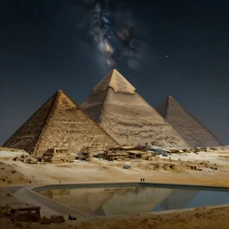 an establishing shot of the cyberpunk pyramids of giza, digital art, fantasy painting, at night time, ancient civilisation, construction, dark sky, clear sky, reflecting pool, milky way, muted colours, by paul lehr, jesper ejsing