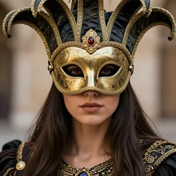 full body portrait photo of a female warrior with ornate venetian mask, highly detailed, 8 k, hdr, close up, smooth, sharp focus, high resolution, award - winning photo