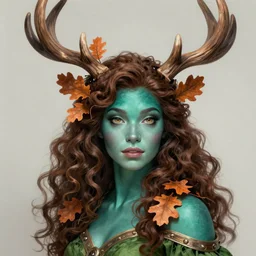 beautiful digital painting of freya allan with teal skin and antlers made from wood on her head, brown curly hair with orange oak leaves, in a green dress D&D, fantasy, intricate, beautiful eyes, cinematic lighting, highly detailed, digital painting, Artstation, concept art, smooth, sharp focus, illustration, art by Artgerm and Greg Rutkowski, Alphonse Mucha and Rossdraws