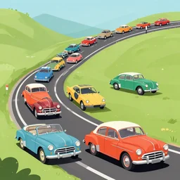 cars from the 1 9 5 0's and 1 9 6 0's, various colors and models, driving on a winding road, commercial illustration