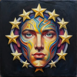 intricate five star stability ai logo portrait by casey weldon, oil on canvas, hdr, high detail, photo realistic, hyperrealism, matte finish, high contrast, 3 d depth, centered, masterpiece, vivid and vibrant colors, enhanced light effect, enhanced eye detail, artstationhd