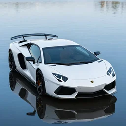 photo of a lamborghini, water, reflections, sunny day
