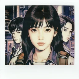 a film still polaroid portrait of a 1 9 8 0's girl adventurer, finely detailed features, closeup at the faces, perfect art, busy cyberpunk city, artstation, art by kim jung gi, ink manga style