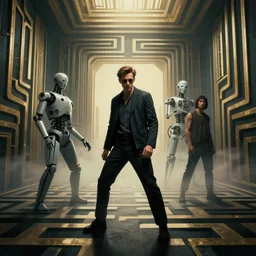 ( ( dither ) ), editorial illustration portrait man vs machine, maze interior, modern art deco, ( ( mads berg ) ), christopher balaskas, victo ngai, cinematic, dynamic composition, wide angle, matte print, fog, unreal engine, dramatic lighting, film noir