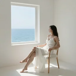a woman in a white dress sitting on chair in a white room in vanice, there is a window to the sea