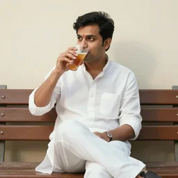 of vinod purohit sitting on bench and enjoying drink
