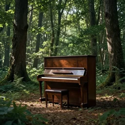 a piano standing in the forest, beautiful dynamic lighting, cinematic, wide angle establishing shot, extremely high detail, cinematic lighting, post processed, concept art, artstation, matte painting