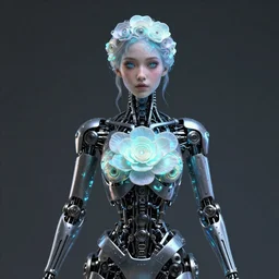 goddess mechanical robot, highly detailed, bioluminescent flower skin, expressive eyes, beautiful symmetric body, award winning art by Tom Bagshaw